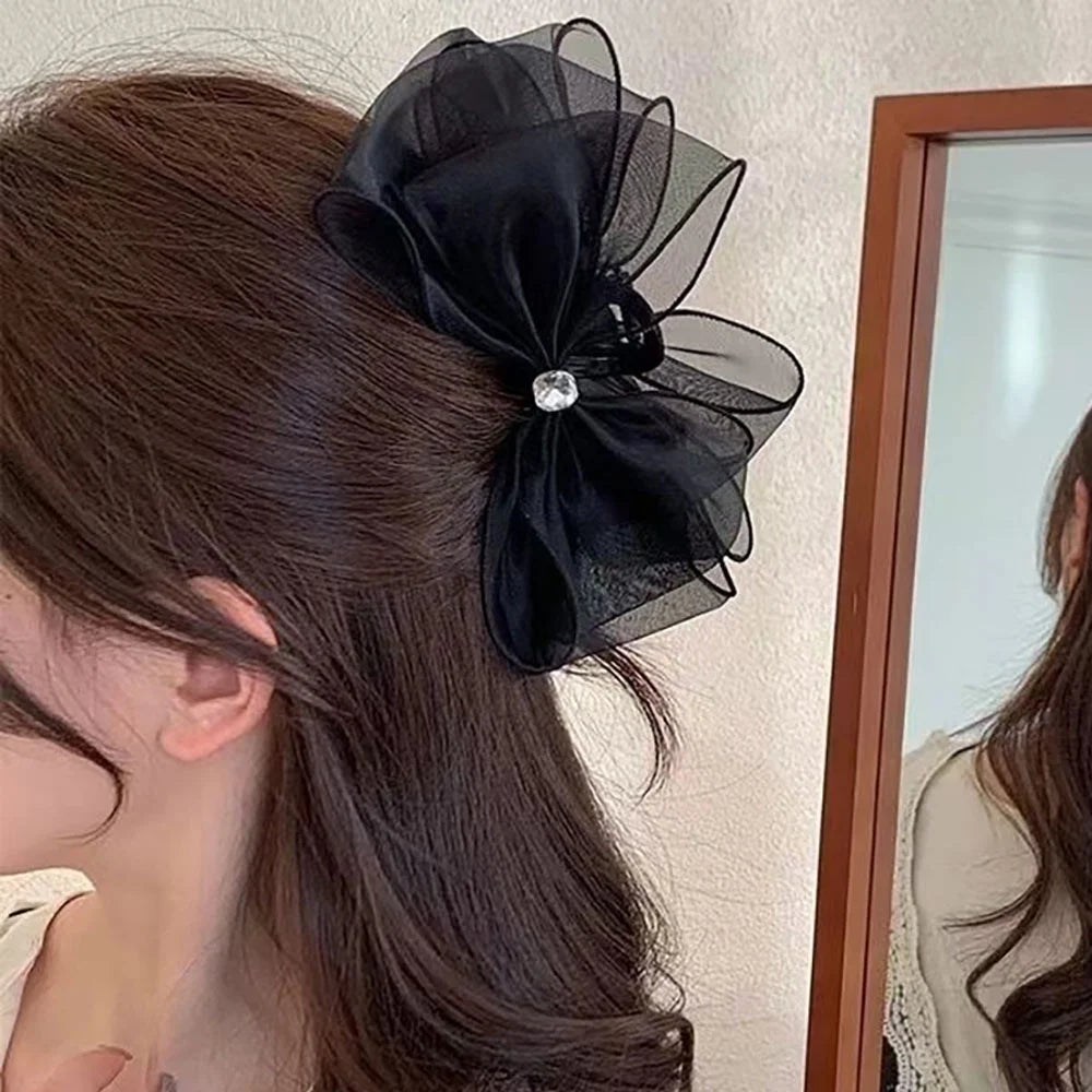 Black Tulle Bow Large Claw Clip Mesh Bowknot Hair Claw Clips Rhinestones Big Claw Clips for Thick Hair Ponytail Hair Claw Hair Clip Chiffon Hair Bows Hair Clips for Girls Hair Accessories for Women