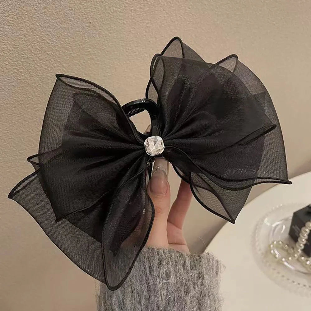 Black Tulle Bow Large Claw Clip Mesh Bowknot Hair Claw Clips Rhinestones Big Claw Clips for Thick Hair Ponytail Hair Claw Hair Clip Chiffon Hair Bows Hair Clips for Girls Hair Accessories for Women