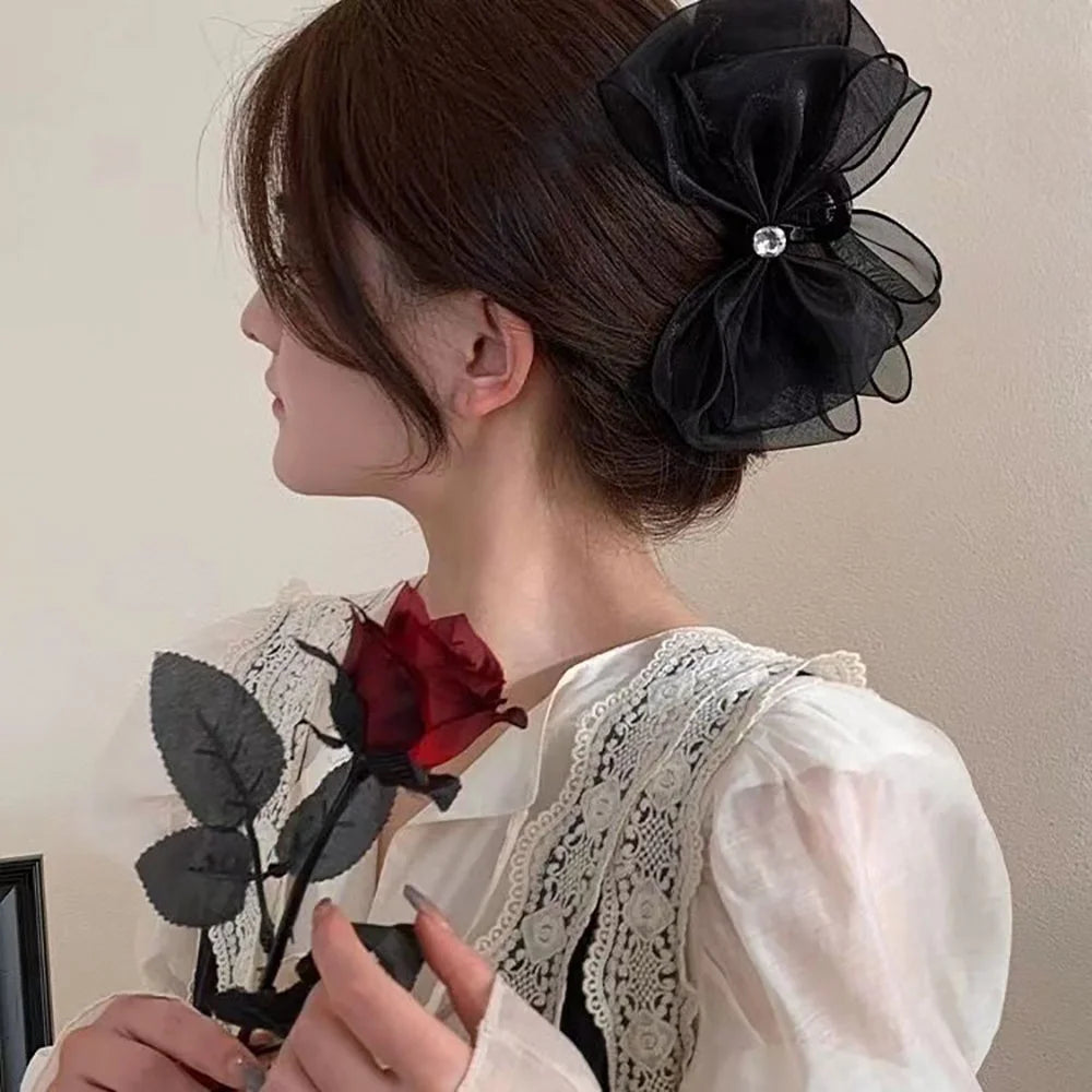 Black Tulle Bow Large Claw Clip Mesh Bowknot Hair Claw Clips Rhinestones Big Claw Clips for Thick Hair Ponytail Hair Claw Hair Clip Chiffon Hair Bows Hair Clips for Girls Hair Accessories for Women