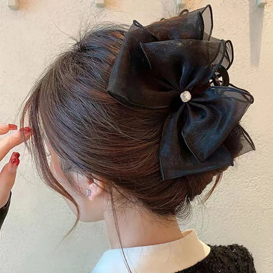 Black Tulle Bow Large Claw Clip Mesh Bowknot Hair Claw Clips Rhinestones Big Claw Clips for Thick Hair Ponytail Hair Claw Hair Clip Chiffon Hair Bows Hair Clips for Girls Hair Accessories for Women