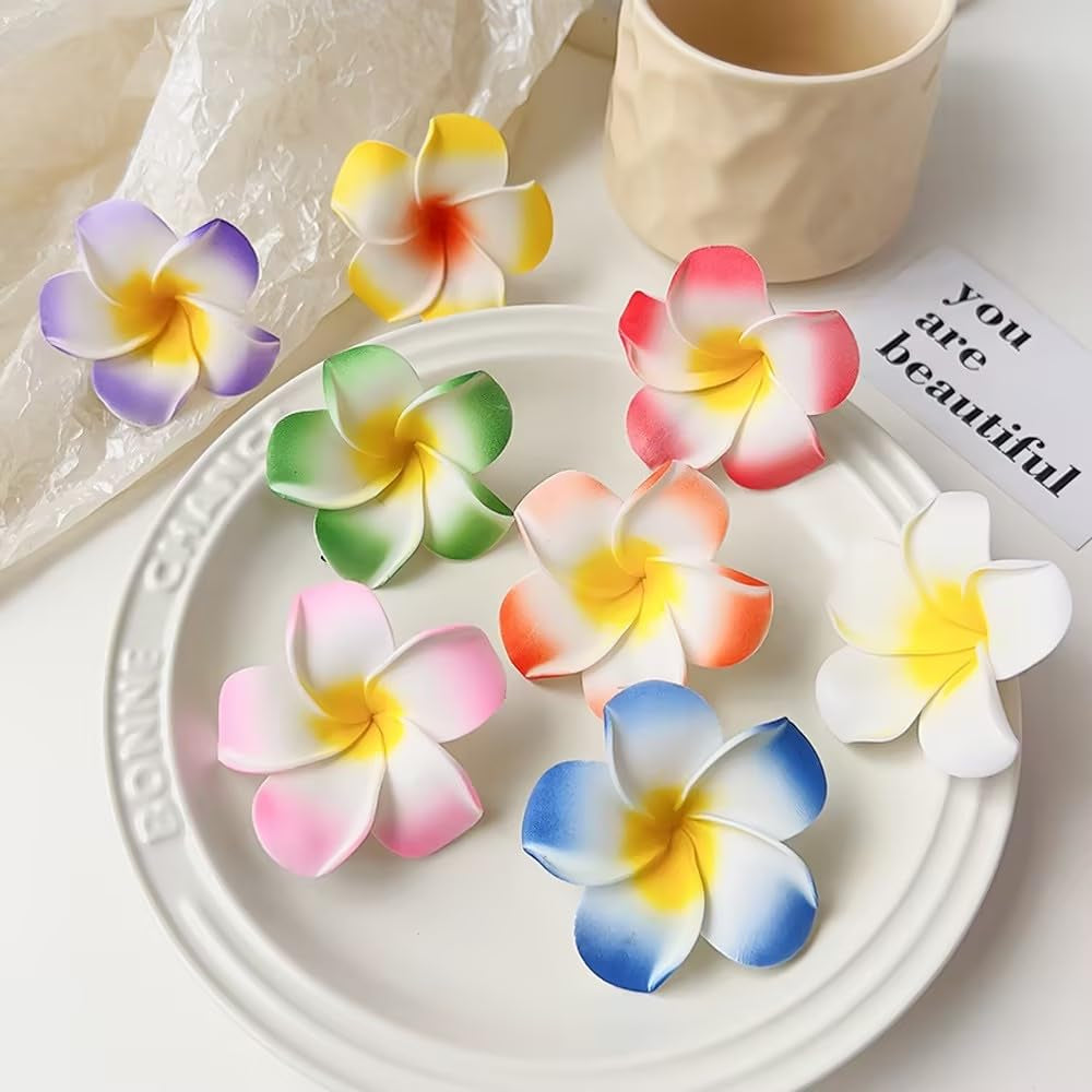 2Pcs White and Pink Hawaiian Frangipani Plumeria Foam Head Flower Party Beach Hair Clip Hair Clips Hair Accessories(7Cm)